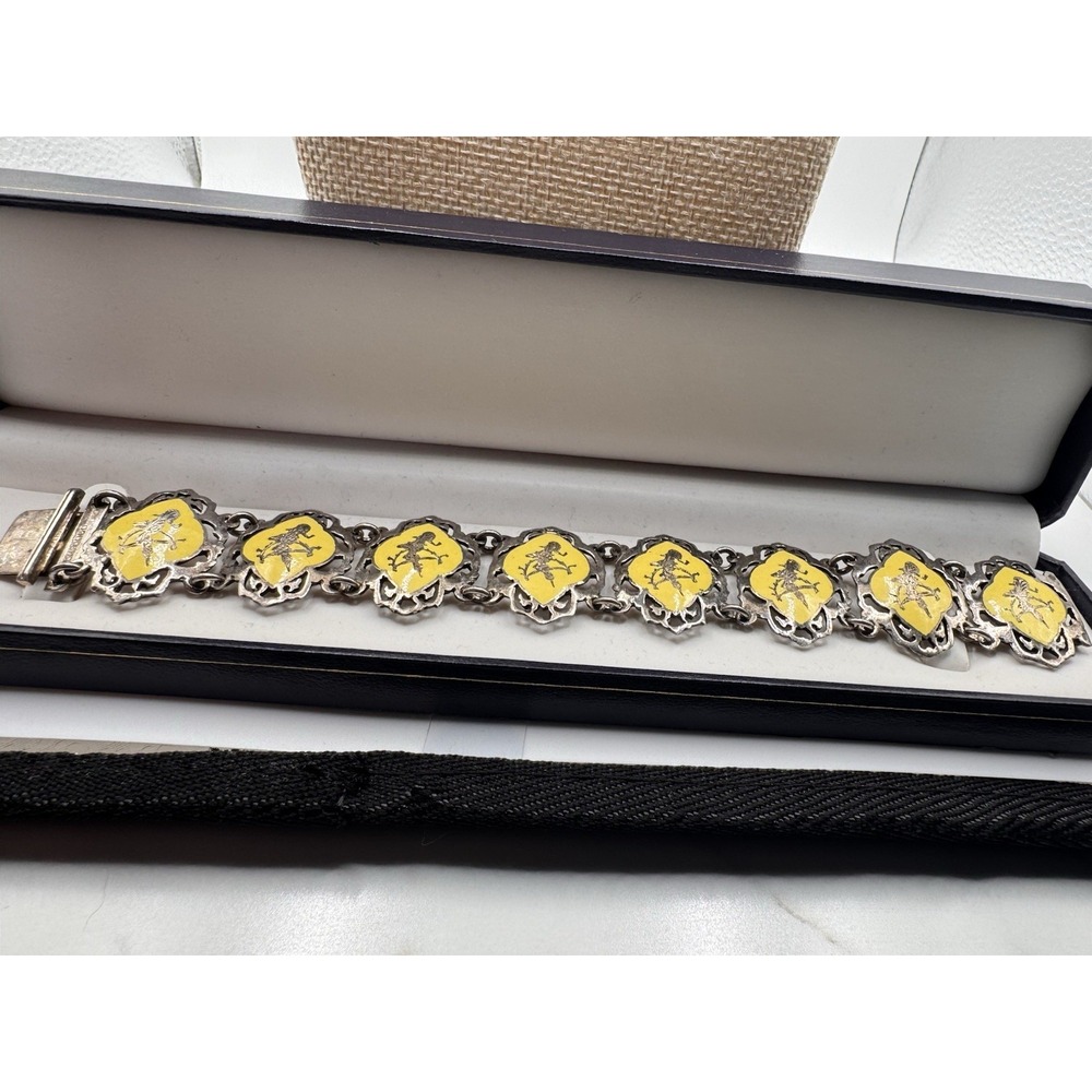 Amfarco Sterling Silver Yellow Enamel Siam Thai Dancer Panel Bracelet 925